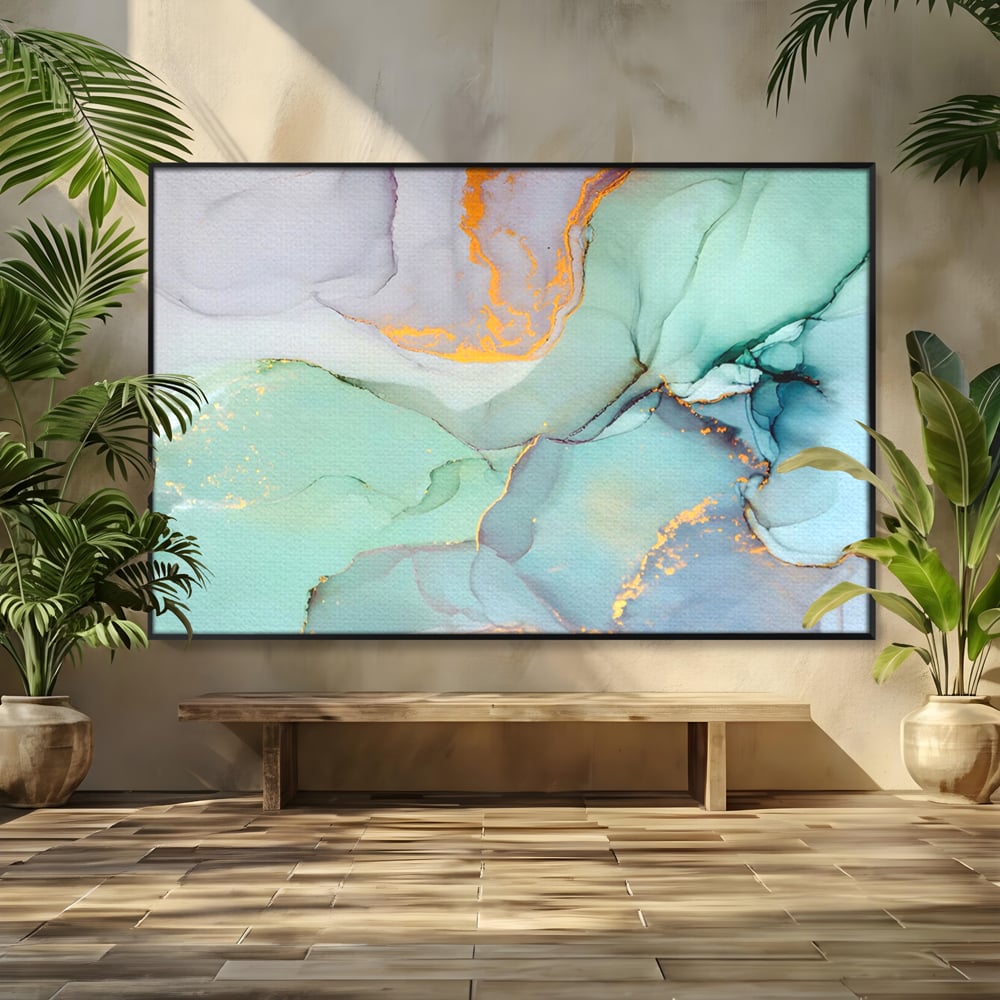 Tablou canvas cu pictura abstracta cu efect de marmura colorata, in rama de aluminiu negru